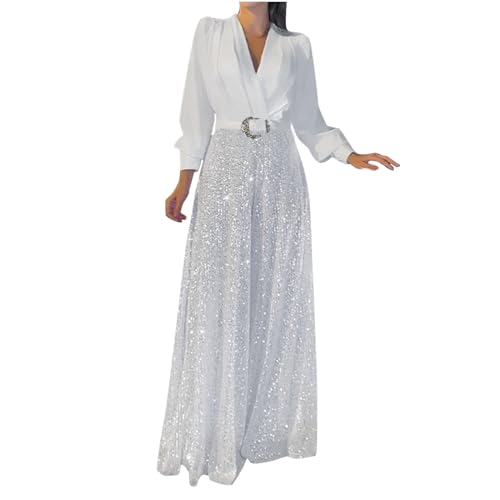 Sequin Pants for Women Jumpsuits One Piece Casual Wide Leg Pants Palazzo Dress Long Flowy Work Glitter Sparkly Trousers