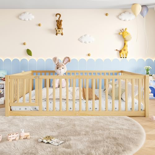 Image of Bellemave Queen Size Kids Montessori Floor Bed with Door,Solid Wood Floor Bed Frame with High Fence for Girls,Boys,Natural