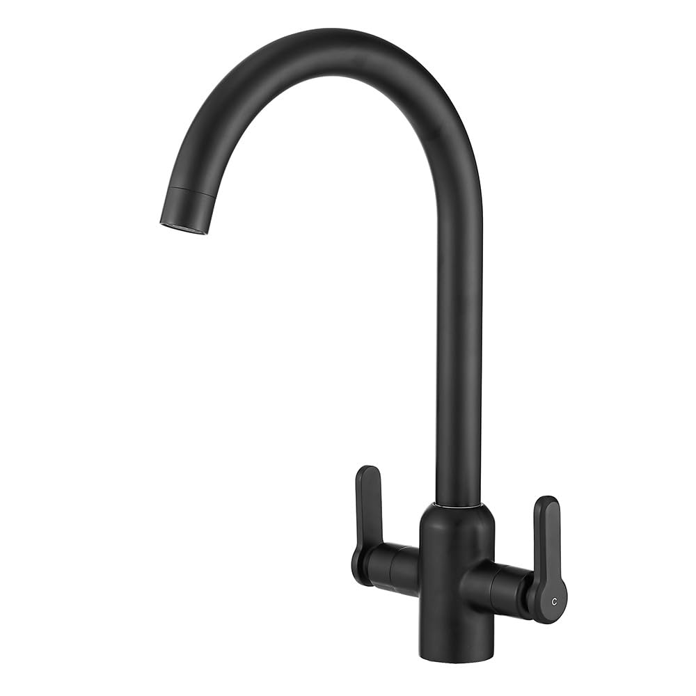 Heable Black Kitchen Mixer Tap Dual Lever Monobloc Swivel Spout Sink Taps with UK Standard Fittings