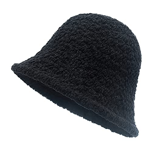 ZLYC Damen Winter Kuppel Wolle Fischerhüte England Stricken Warm Solide Fedora(Sherpa Schwarz)