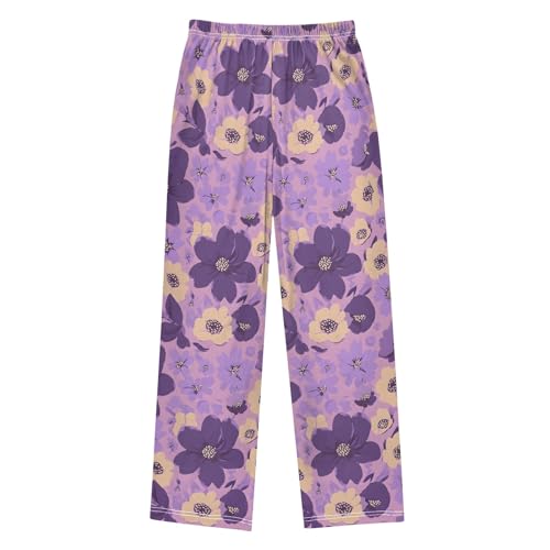 Pajama Pants Lounge Sleep PJ Bottoms Sleepwear Elastic Waist Drawstring XL Purple Flower2