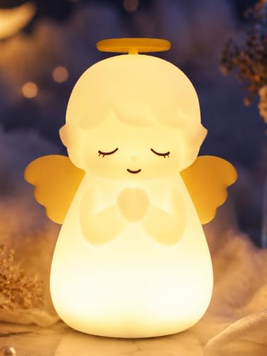 Image of Ammonite White Angel Night Light, Soft Silicone Nursery Lamp with RGB 30-Minute Timer, Touch Control Nightlight for Bedroom Decor, Christening Baptism Gifts Christmas Birthday Gift