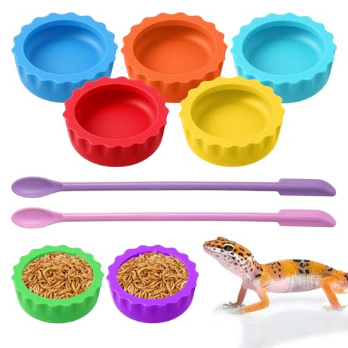 7 Pcs Reusable Small Reptile Feeding Dish, Crested Gecko Food and Water Dish and 2 Pcs Spoon, Silicone Reptile Food Bowl, Reptiles Food-Dish, Tank Accessories for Small Pets (8 Colors)