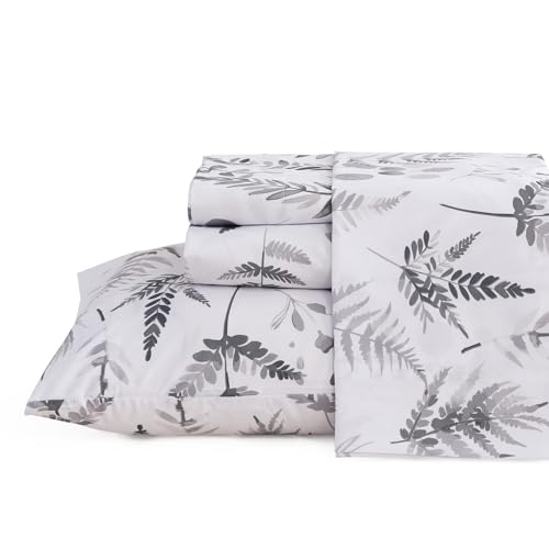 Image of JSD Grey Boho Floral Printed Full Sheet Set 16 inch Deep Pocket | 4 Piece Soft Microfiber Sheets, Watercolor Leaves Ferns Pattern, OEKO-TEX Certified, Easy Care