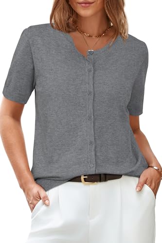 Arach&Cloz Womens Fashion 2025 Summer Cardigan Short Sleeve Spring Lightweight Shrugs Sweater Button Down Bolero Shrug Business Casual Outfits Work Tops Trendy Grey L