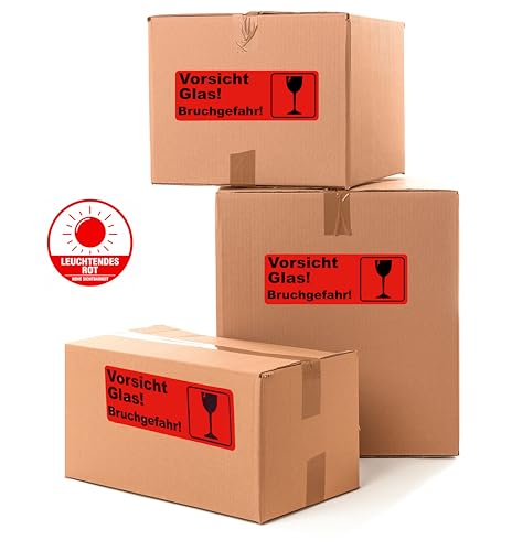 PROLAC – 1000x „VORSICHT GLAS“ Warnhinweis Aufkleber (Warnaufkleber) für zerbrechliche Warensendungen | Sticker selbstklebend | Warnetiketten Bruchgefahr | Etiketten Rot
