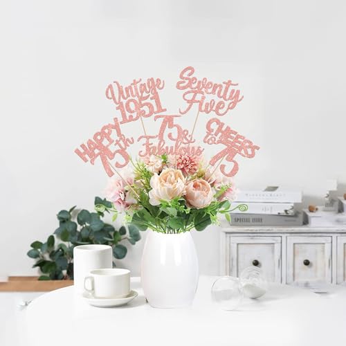 Image of 15 PCS 75th Birthday Centerpiece Sticks Seventy Five Happy 75th Vintage 1951 Table Flower Centerpieces Sticks Cheers to 75 Fabulous Floral Decorations for 75th Birthday Party Supplies Rose Gold
