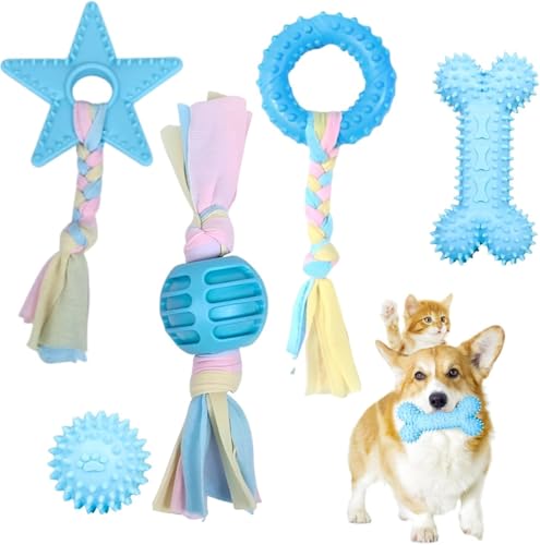 Set di 5 Giocattoli da Masticare per Cuccioli, Giochi per Cani in Gomma Naturale e Corde di Cotone, Giocattoli da Dentizione Interattivi e Resistenti per Cuccioli di Piccola e Media Taglia (Blu)