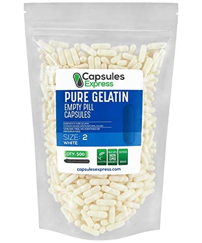 Capsules Express- Size 2 White Empty Gelatin Capsules 500 Count - Kosher and Halal Certified - Gluten-Free Pure Bovine Gelatin Pill Capsule - DIY Powder Filling