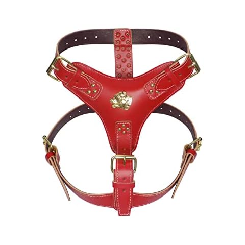 Extra Large Heavy Duty Red Leather Dog Harness with Gold Fittings and American Bully Head Motif Cover