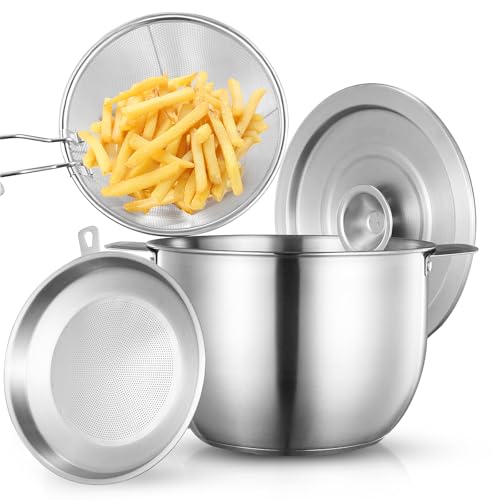 Deep Fryer Pot with Basket Lid Oil Filter Pot Large Capacity 1 Gall Frying Bowl 304 Stainless Steel Multi-function Grease Container for Kitchen Camping