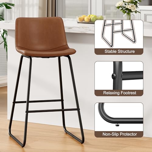 Image of REONEY Bar Stool Set of 3, 26 inch Urban Faux Leather Counter Stool, Dark Brown
