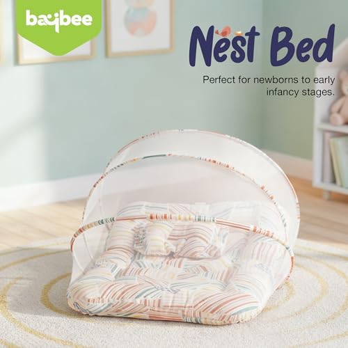Image of BAYBEE Baby Bedding Set for New Born, Bed Mattress with Mosquito Net & Cotton Pillow, Portable Sleeping Nest Travel Bed, Newborn Essentials Gift for Baby Boys & Girls (Orange)