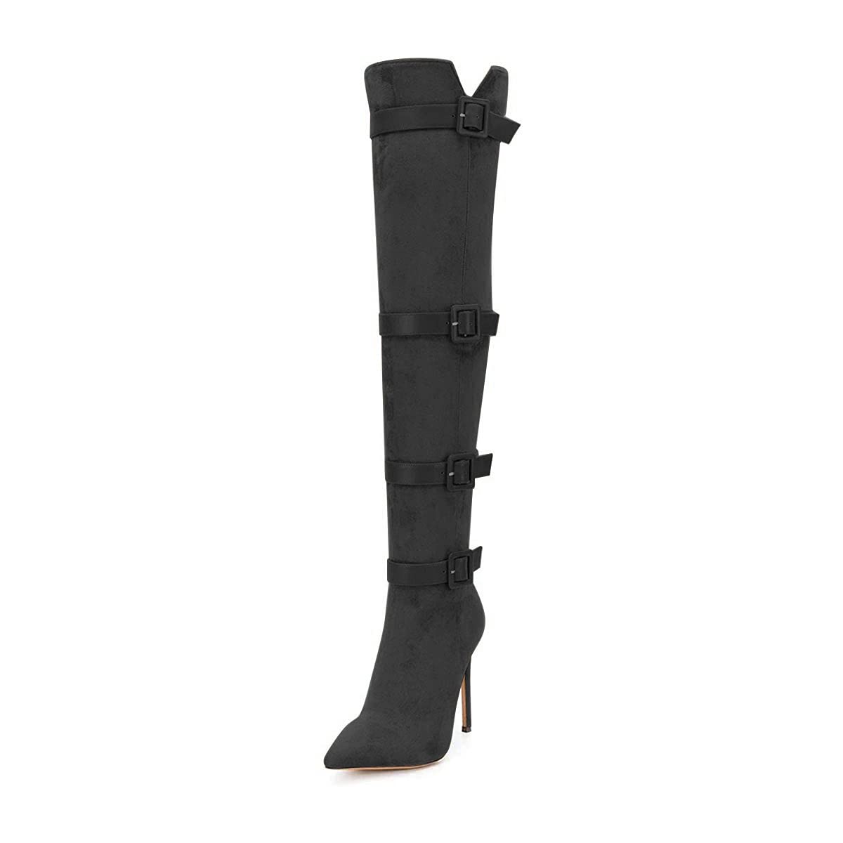 XYD Women Stiletto Heel Over The Knee Boots with Zip Pointed Toe Buckled Strappy Thigh High Sexy Night Club Shoes