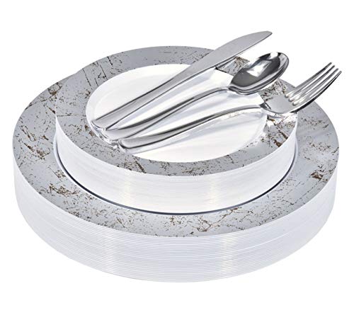 Silver Marble Rim Plastic Dinnerware (125-Piece) Plastic Plates, Plastic Forks, Plastic Knives, Plastic