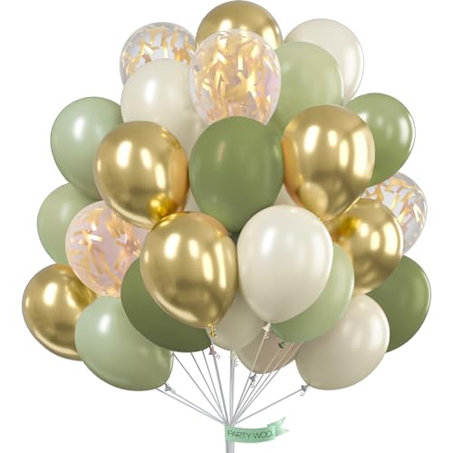 Image of PartyWoo Sage Green Balloons 100pcs 12 Inch Metallic Gold Sand White Gold Confetti Balloons for Baby Shower Gender Reveal Wedding Engagement Jungle Woodland Forest Birthday Party Decorations