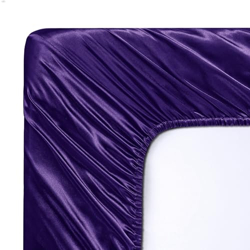 Image of SiinvdaBZX 3-Piece Set Satin Queen Fitted Sheet & 2 Pillowcase, Purple Silky Soft Fitted Bottom Sheet, Wrinkle Free, Fade Resistant, Deep Pocket Bed Sheet (Deep Up to 15 inch)