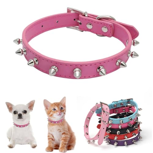 Collare per cani con borchie in morbida pelle di vacchetta primo strato, funghi rivetti con borchie per cani e gatti, rosa acceso, XS