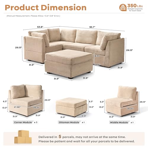 Image of ovios Modular Sectional Sofa Couch with Sofa Bed L-Shape Chaise, Comfy Plush Corduroy Cloud Couches, Modern Luxury Deep Seat Sofas Set for Living Room, 5-Seater, Beige