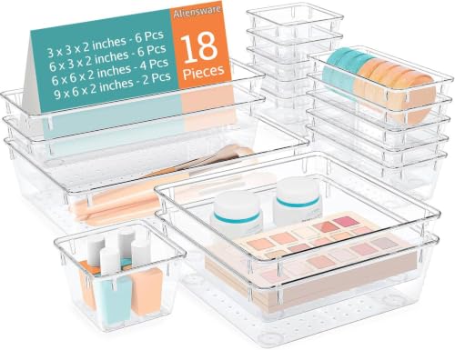 Image of Aliensware 18Pcs Transparent Drawer Organizer, Versatile Bathroom and Vanity Organiser, Storage Bins for Makeup Cosmetics,Jewellery,Kitchen,Bathroom,Bedroom,Office,Gadgets
