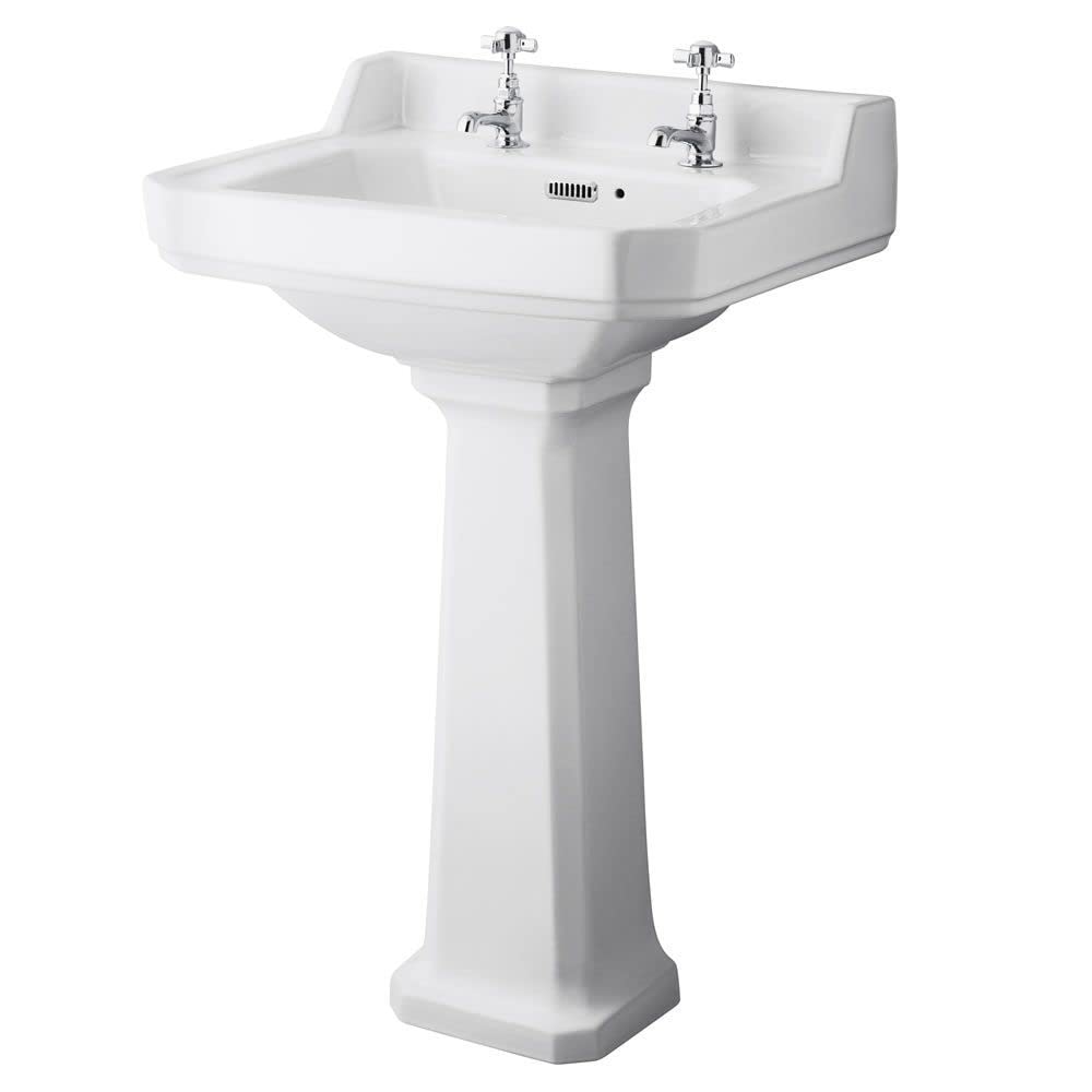 Milano White Richmond Comfort Height Full Pedestal 2 Tap Hole Bathroom Basin Sink - 560Mm X 450Mm