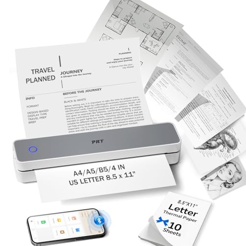 PRT Inkless Portable Printer for Travel, Wireless Thermal Printer Support 8.5 x 11 US Letter A4 B5, Bluetooth Mobile Printers for Laptop, iPhone, Android for Home, Car, Office, School, MT610 Grey