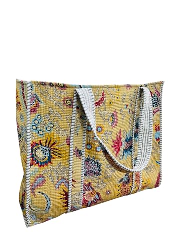 Sac fourre-tout matelassé en coton jaune imprimé main pour un grand sac cabas pratique au quotidien - 4