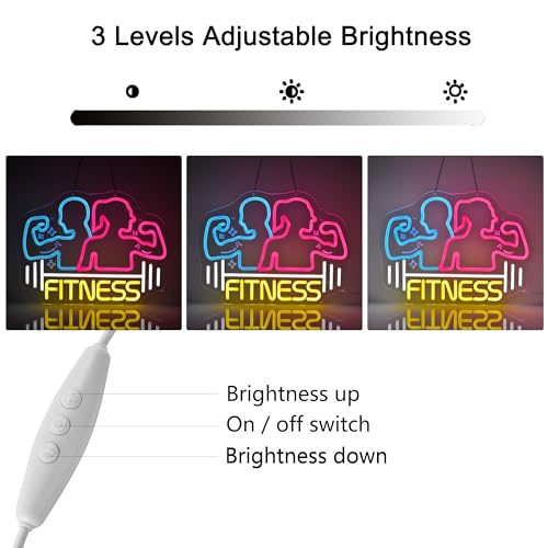 Image of Fitness Neon Sign,Gym Work Out Exercise Wall Decor LED Light Sign | Neon Lights Hanging Wall Art Decoration for Sports Club Game Man Cave Garage Gift, USB Powered Dimmable,15.75*11.8inches