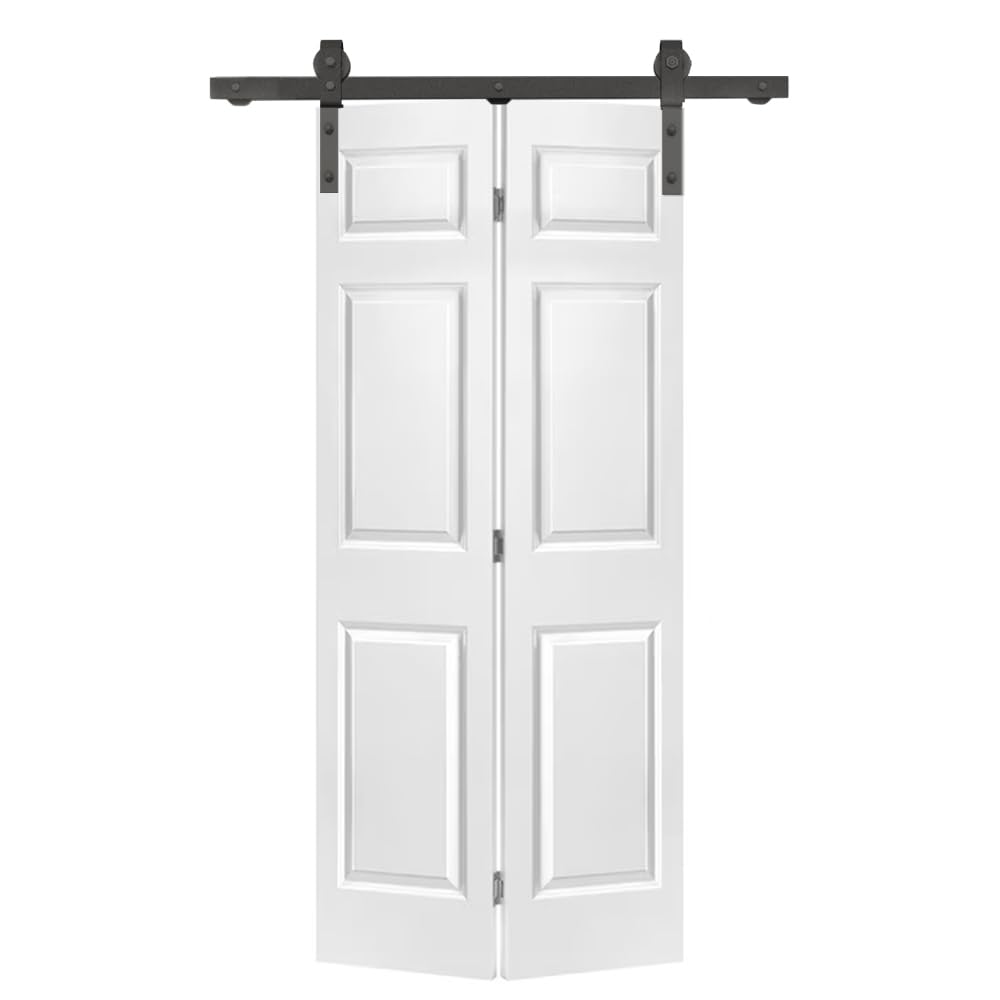 36 in. x 80 in. 6 Panel Primed MDF Composite Bi-Fold Barn Door with Sliding Hardware Kit