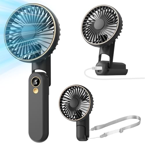 Dhenrio Portable Handheld Fan, [Up to 15 Working Hours] 180° Foldable Personal Fans, USB Rechargeable Mini Hand Fan for Travel/Summer/Outdoor/Office, 5 Speeds Adjustable, LED Display,Black