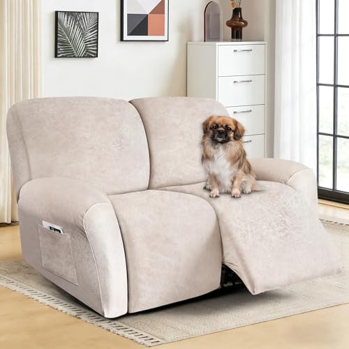 Image of ANARACHON Loveseat Recliner Cover Leather Look Recliner Loveseat Covers Recliner Sofa Cover for 2 Seater Reclining Couch Spandex Fabric Washable 6 Pieces (2 Seater, 02 Beige)