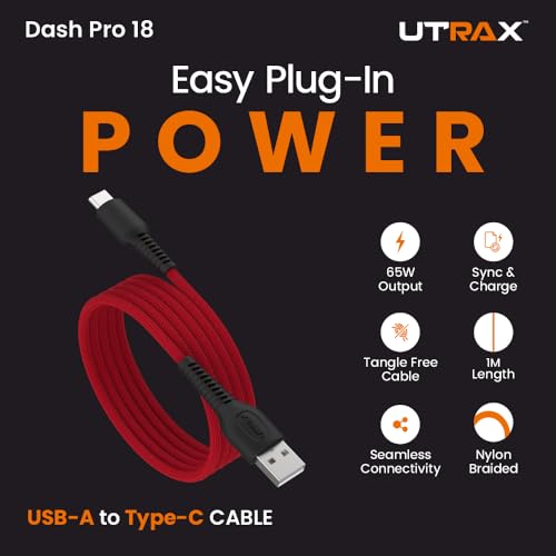 Image of UTRAX 65W USB A to Type C Fast Charging Cable, Unbreakable Nylon Braided, Multi Protocol Support, Copper Connector, Fast Charge & Data Sync for Android Smartphones, Tablets (Red)