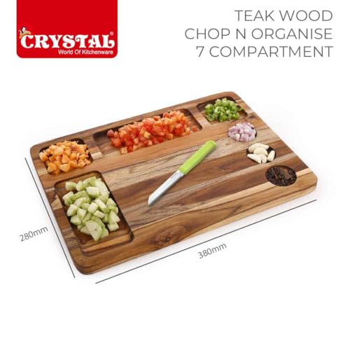 Image of Crystal Teak Wood Chopping Board with 7 Compartments | Chop & Organise | Perfect for Vegetables, Fruits & Bread | Extra Large (35 * 28 * 1.8 Cm) | Handcrafted & Eco-Friendly Reversible Cutting Board