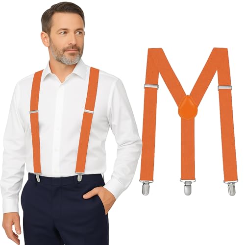 Orange Suspenders for Men Heavy Duty Adjustable 1 Y-Back Mens Suspenders for Dress Pants | Strong Metal Clips Durable Elastic Straps Leather Reinforcement Comfortable Formal Everyday Wear