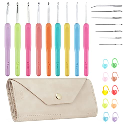 NiArt Crochet Hooks 9 Sizes 2mm-6mm Crochet Needles with Silicone Grip Magnetic PU Leather Bag Kit, Yarn Needles Knitting Crochet Supplies for Beginners Beige Case DIY (Macaron Color Crochet Hooks)