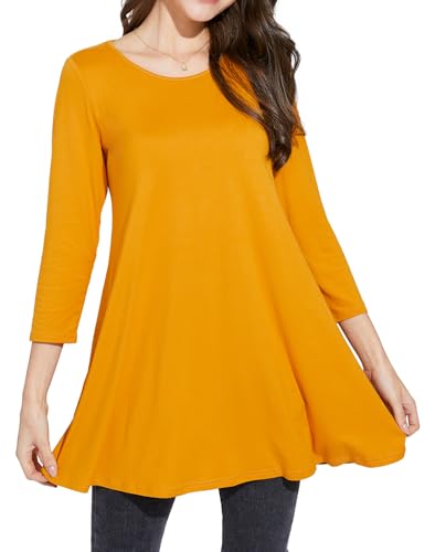 Enmain Tunika Damen Langarm Große Größen 3/4 Arm Gelb Longshirt Longbluse Einfarbig Bluse Oberteil Tops Elegant Lässig für Leggings XL