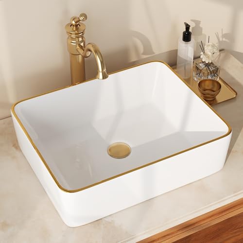DeerValley Lavabo Salle de Bain Ally Blanc Carré Lavabo Salle de Bain Rectangulaire avec Bordure Dorée, Lavabo en Céramique Blanche à Poser
