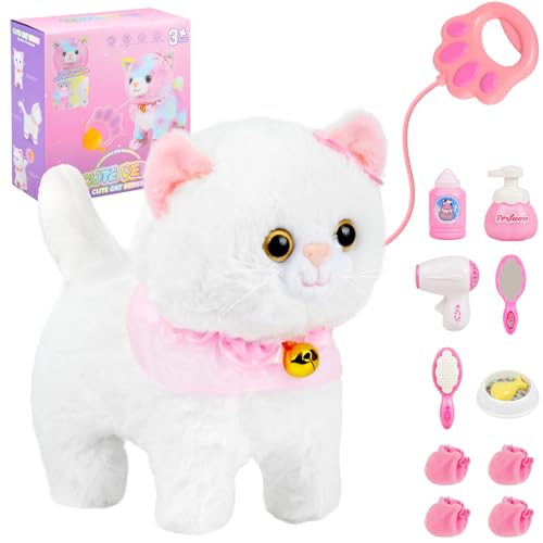 Vicloon Peluche Jouet pour Interactif Chat, Chat Interactif Qui Marche et Miaule avec Laisse Télécommandée, Jouets Électroniques en Peluche Qui se Promène...