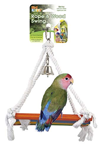 Image of Penn-Plax Rope and Wood Platform Swing Bird Toy with Bell - BA1218