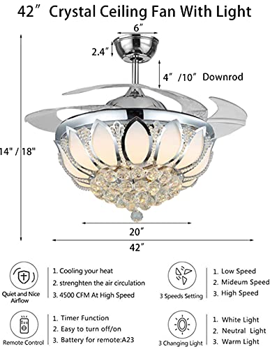 42" Luxury Modern Fandelier Crystal Chandelier Ceiling Fan With Remote Control Bling Ceiling Fan With Light For Livingroom Bedroom Chrome Folding Blades Ceiling Fan Lamp Dining Room Decorative #TOP1