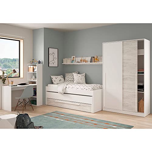 Mobelcenter, Dormitorio Juvenil Elliot, Conjunto Dormitorio Infantil Juvenil Color Blanco Artik y Blanco Velho, Cama Nido con Cajón y Armario 2 Puertas con Barra de Colgar y 4 estantes (P0055) - imagen 6