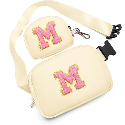 Birthday Gifts for 4 5 6 7 8 9 10 11 12 13 Year Old Girls, Crossbody Bags Fanny Pack with Initial Letter Patch Cute Stuff for Women Girls Teens (M, Cream)