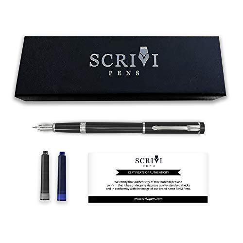 Scrivi Pens Fountain Pen Set [Extra Fine Nib], Classic Collection, Gift Case; 2 Ink Cartridges, Ink Refill Converter, Calligraphy, Smooth Writing Pens [Black Chrome Trim], Perfect For Men And Women #TOP1