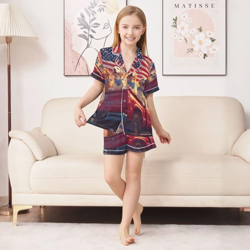 ALAZA American Flag Car Animal Dog Satin Pajamas Set Short Sleeve Button Down Sleepwear Summer Pjs 2 Piece3
