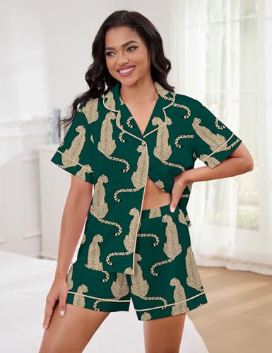 Image of SHESHOW Satin Pajamas for Women Set Preppy Animals Pjs Short Sleeve Shorts 2 Piece Loungewear Sets XS-XXL