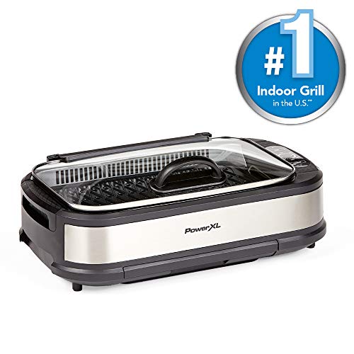 PowerXL Smokeless Grill with Tempered Glass Lid and Turbo Speed Smoke Extractor Technology. Make Tender Char-grilled Meals Inside With Virtually No Smoke (Stainless Steel Pro with Hinged Lid)