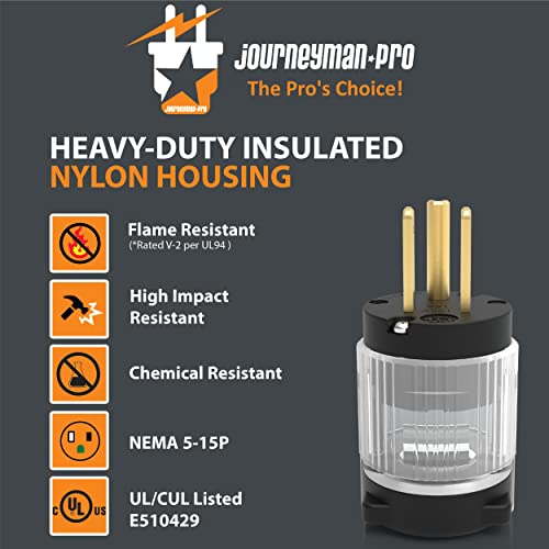 Journeyman-Pro 515PV-LIT Lighted 15 Amp 120-125 Volt, NEMA 5-15P, 2Pole 3Wire, Straight Blade, Male Plug Replacement Cord Outlet Connector, Commercial Grade PVC Power Indicating (Black LIT 1-Pack)