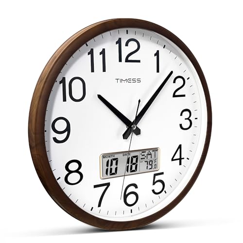 TIMESS Wall Clock, Classic Wood Style Finish, 11 Inch Non-Ticking Silent Battery Operated Quartz Analog with Perpetual Calendar and F° Temperature Display, Home, Office Décor (Wood Brown) by TIMESS - Image 4