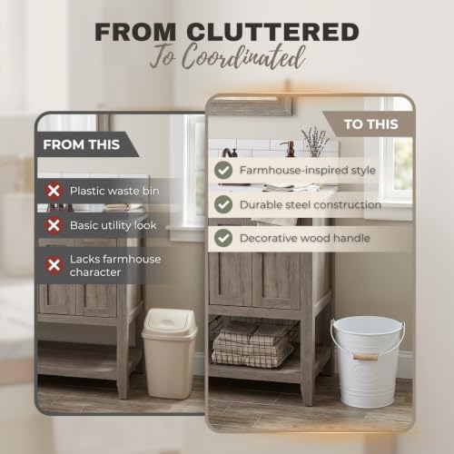 Image of Autumn Alley Farmhouse Bathroom Trash Can - White Trash Can Bucket with Wooden Handle for Rustic Bathroom, Bedroom, Office, Kitchen, Country Home Decor, 7 Liter, White