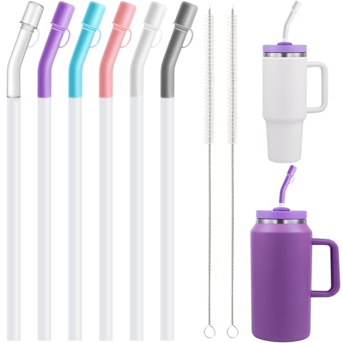 6 Pcs Reusable Straws with Silicone Tips, 12 Inch Clear Plastic Straws with Flex Elbow Silicone Covers, 40 oz Cup Tumbler Replacement Straw with 2 Cleaning Brushes for Cold or Hot Drinks